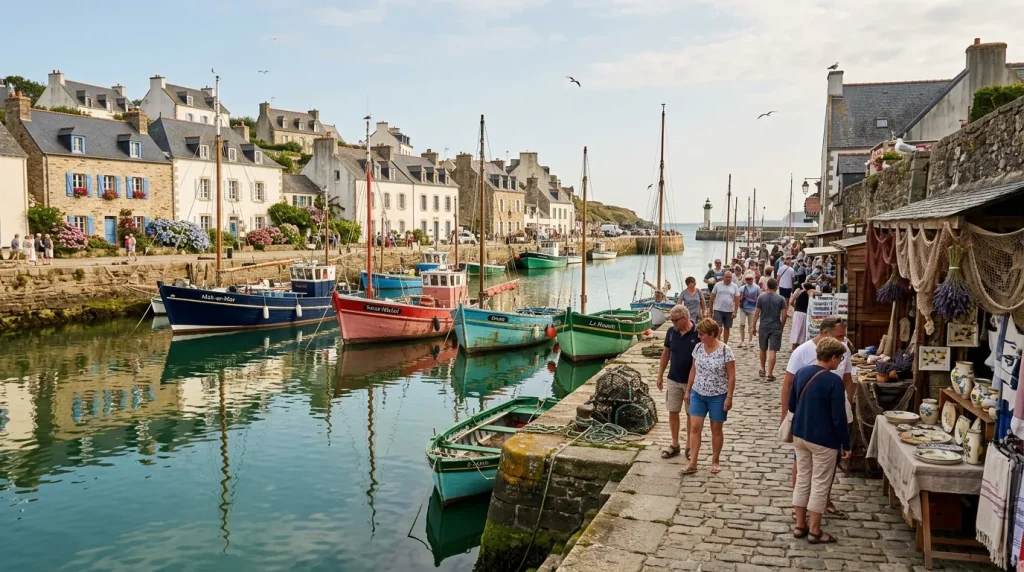 Village côtier breton avec bateaux de pêche et touristes