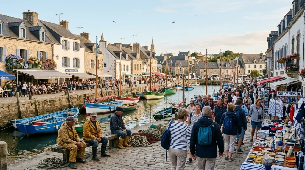 Petit port de pêche breton avec bateaux, touristes et commerces