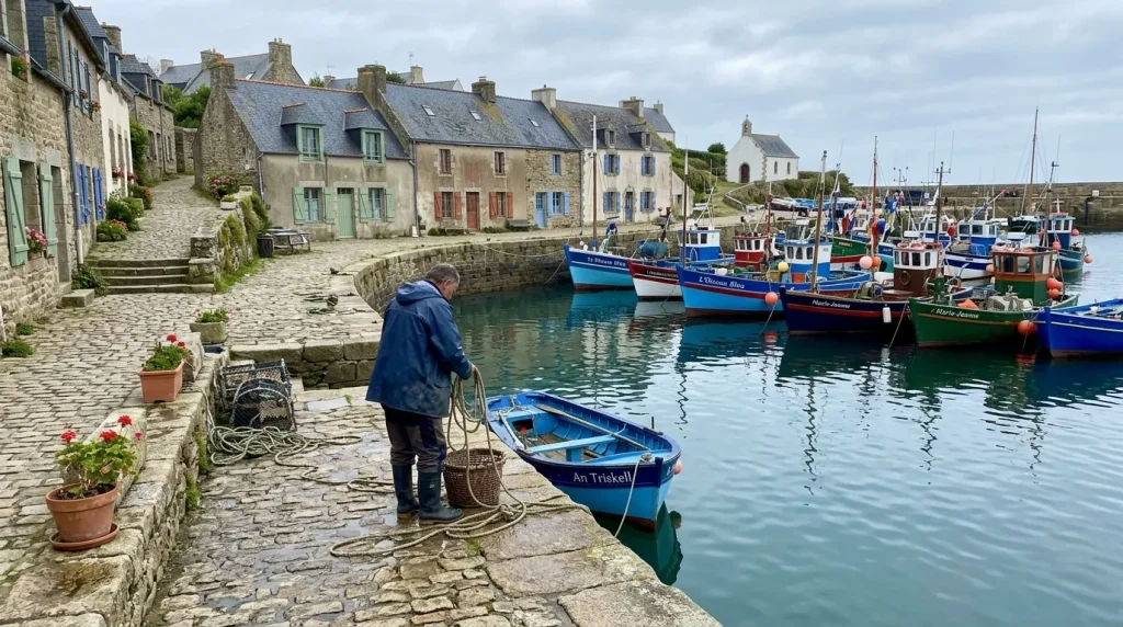 Pêcheur préparant son bateau dans un petit port breton coloré