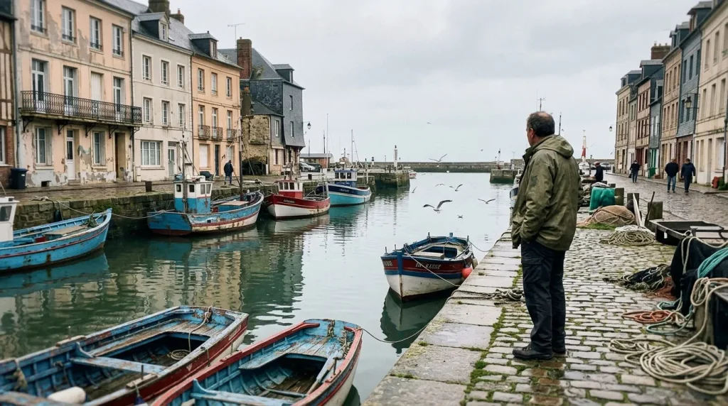 Homme observe bateaux colorés dans petit port côtier français