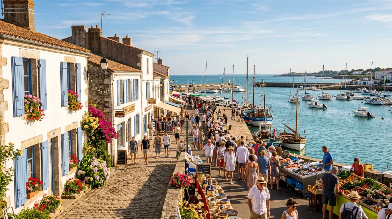 Village côtier avec port, bateaux et marché animé.
