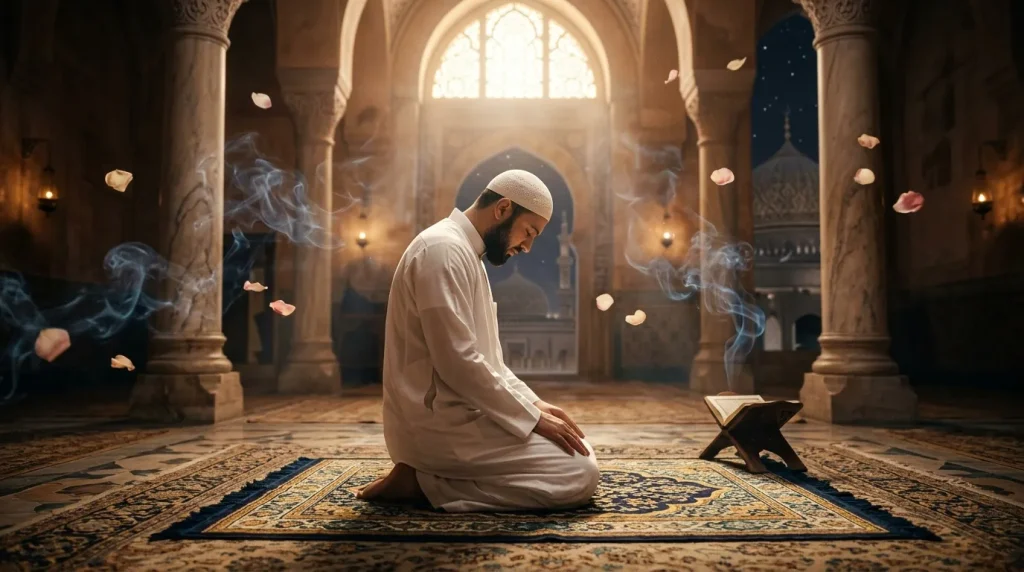 Homme en prière dans une mosquée avec lumière dorée