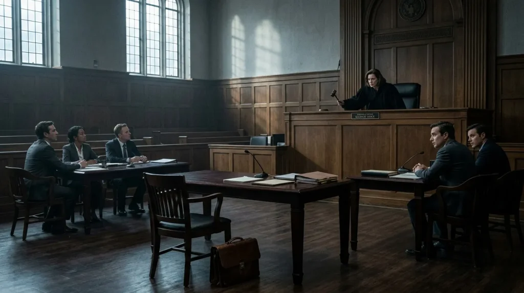 Juge et avocats dans une salle de tribunal solennel