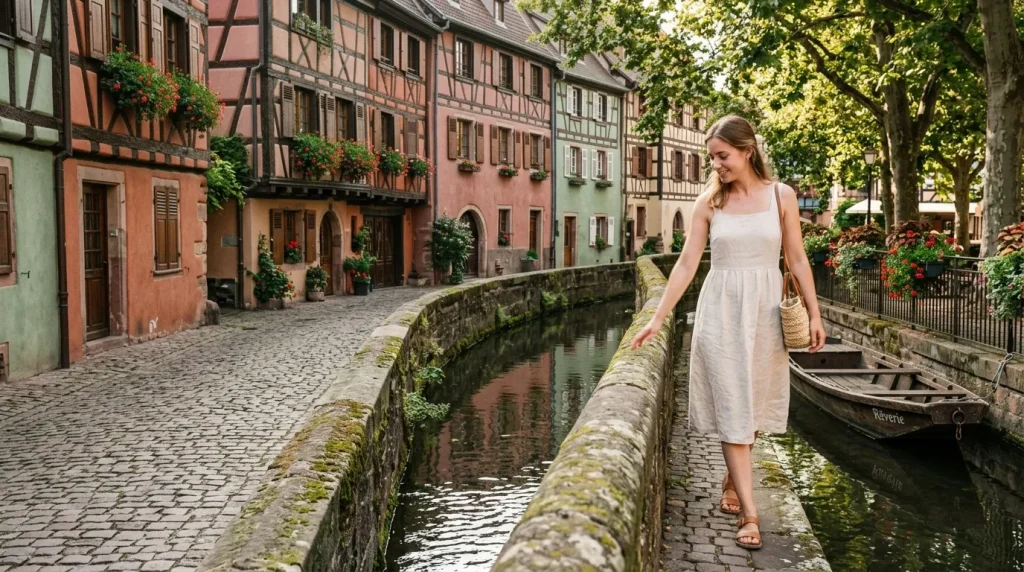 Femme en robe blanche longeant un canal en Alsace