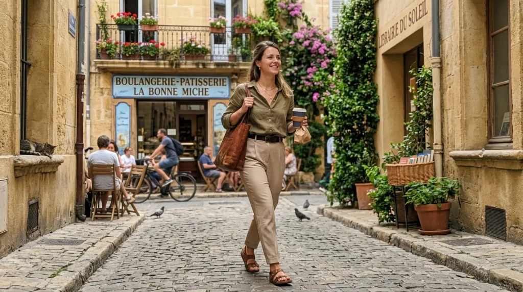 Femme marchant dans une ruelle pittoresque avec boulangerie