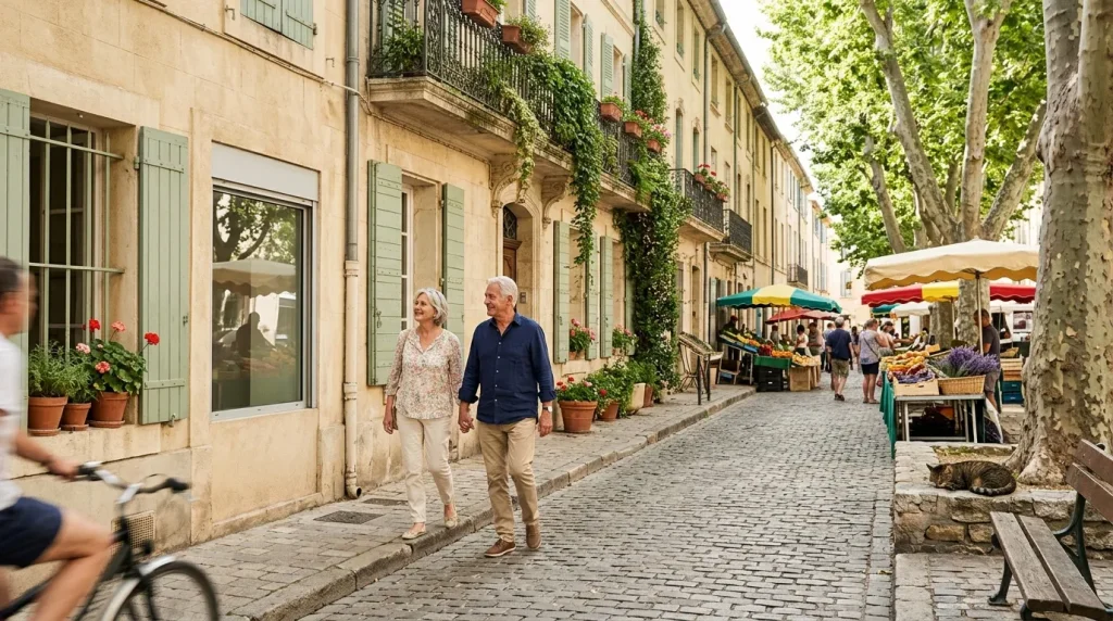 Couple marchant dans une ruelle pavée avec marché local