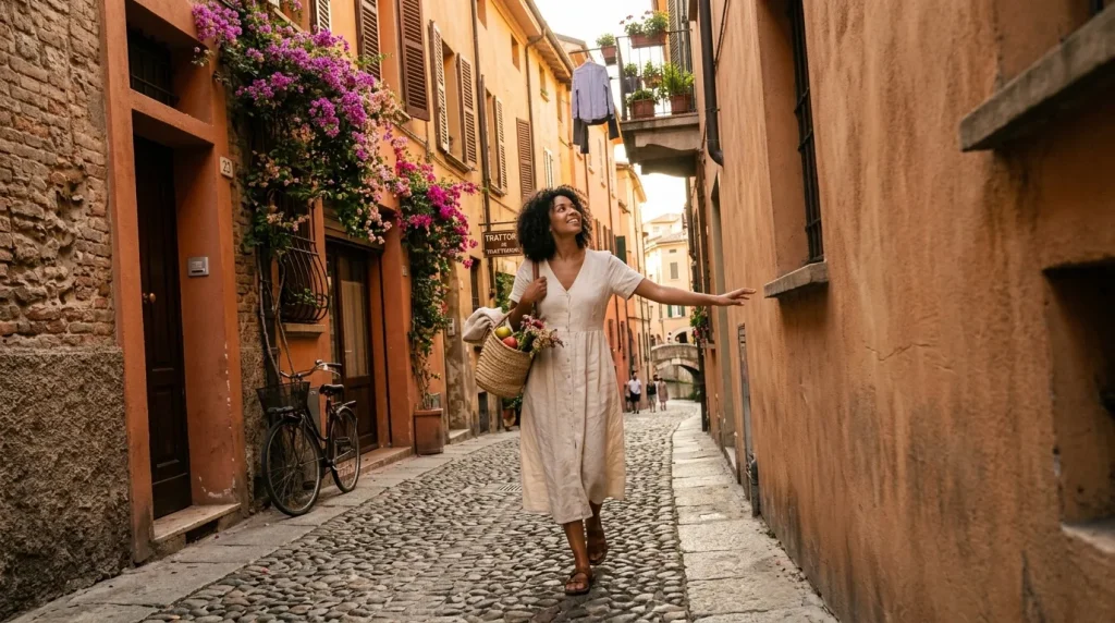 Femme vêtue de blanc avec panier dans une ruelle pavée colorée