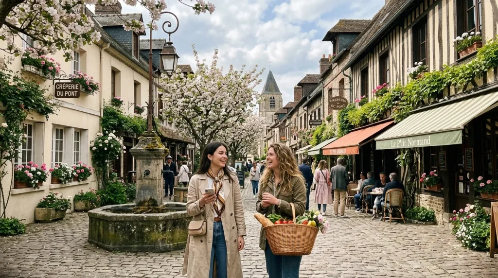 Deux femmes marchent dans une rue pittoresque avec fleurs blanches