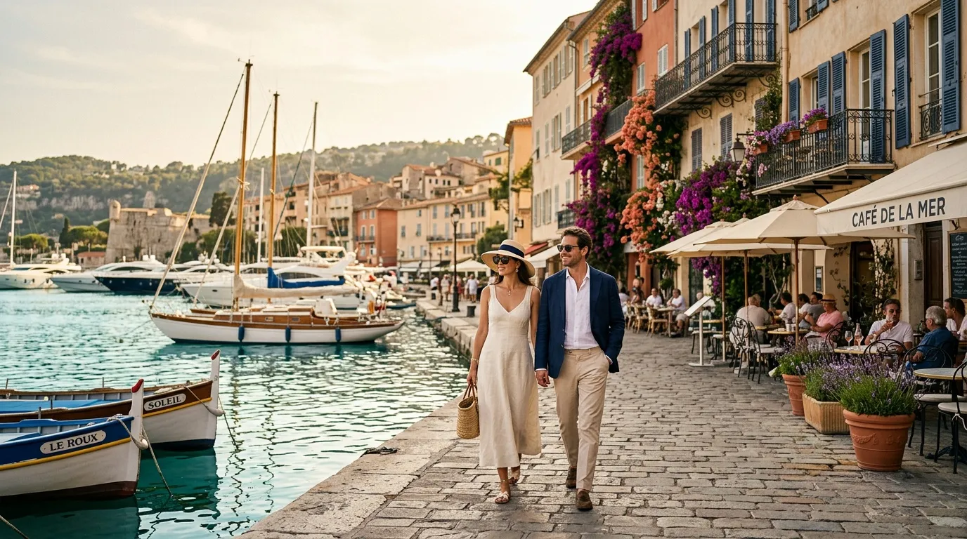 Couple marchant sur le port côtier avec bateaux et fleurs
