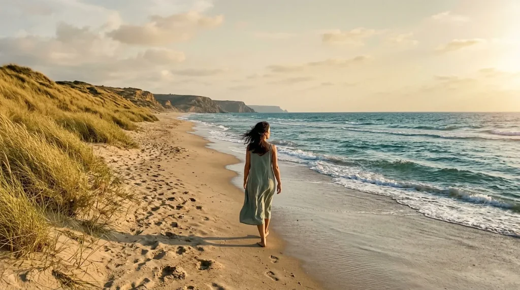 Femme en robe verte marchant seule sur une plage de sable fin