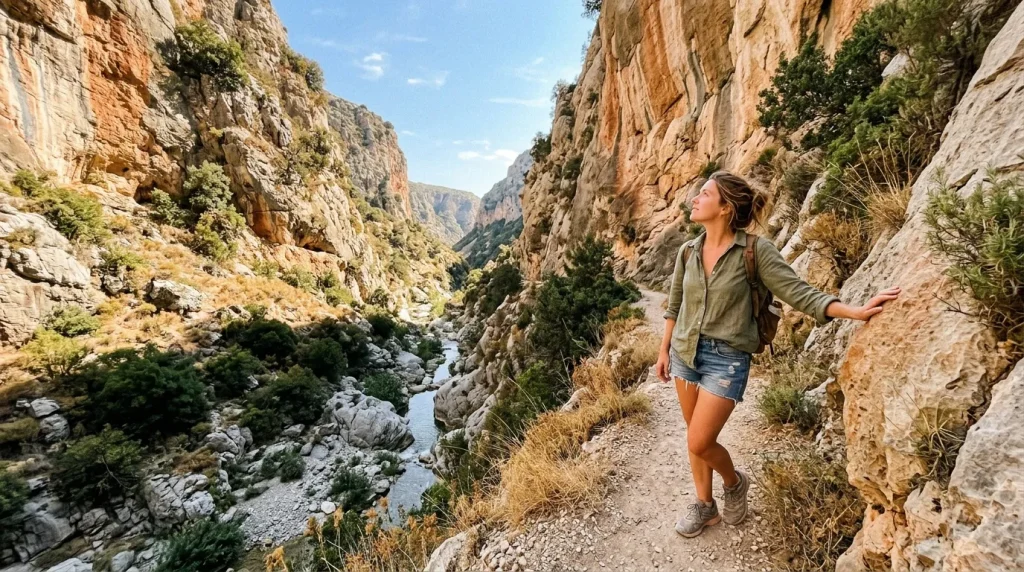 Femme randonneuse admirant un canyon avec rivière