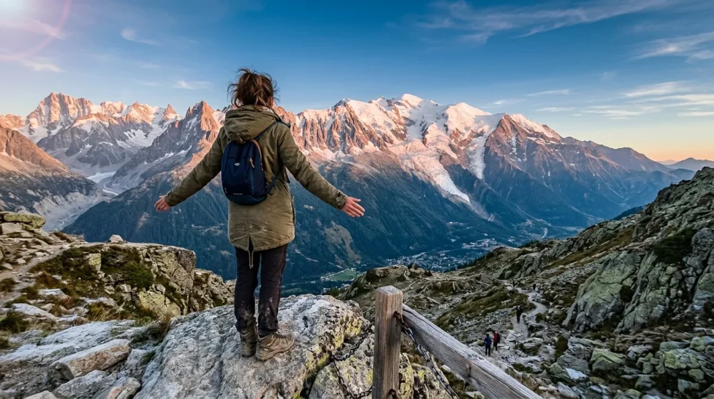 Femme bras écartés face aux montagnes enneigées des Alpes