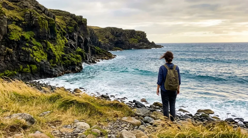 Femme avec sac à dos face à des falaises rocheuses et la mer