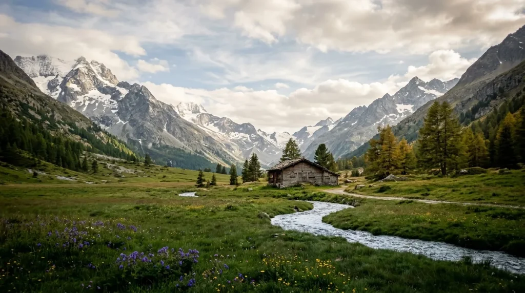 Chalet isolé dans une vallée alpine avec montagnes enneigées et ruisseau