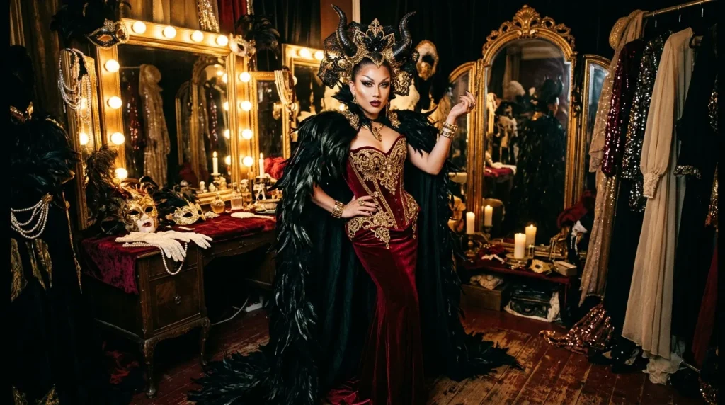 Femme en costume de sorcière noire devant miroir illuminé
