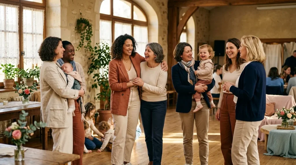 Groupe de femmes et enfants souriants dans un salon lumineux