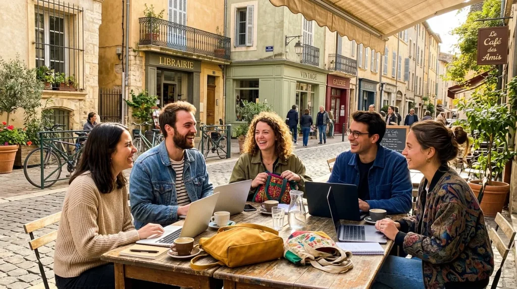 Cinq jeunes professionnels travaillent ensemble à une table en terrasse.