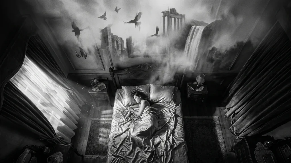 Femme endormie au lit, visions surréalistes de ruines et oiseaux