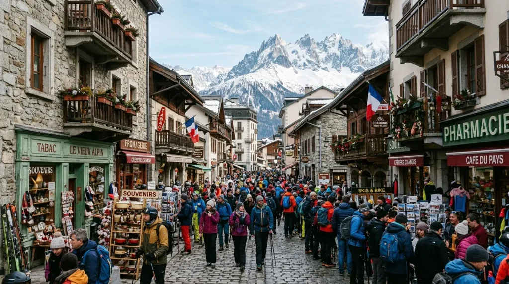 Foule de touristes dans une rue piétonne alpestre avec montagnes enneigées