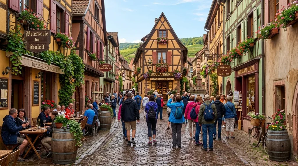 Rue pavée alsacienne avec maisons à colombages, boutiques et touristes