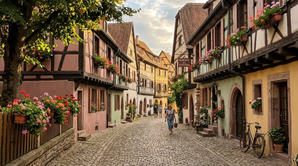Rue pavée avec maisons à colombages colorées et fleurs