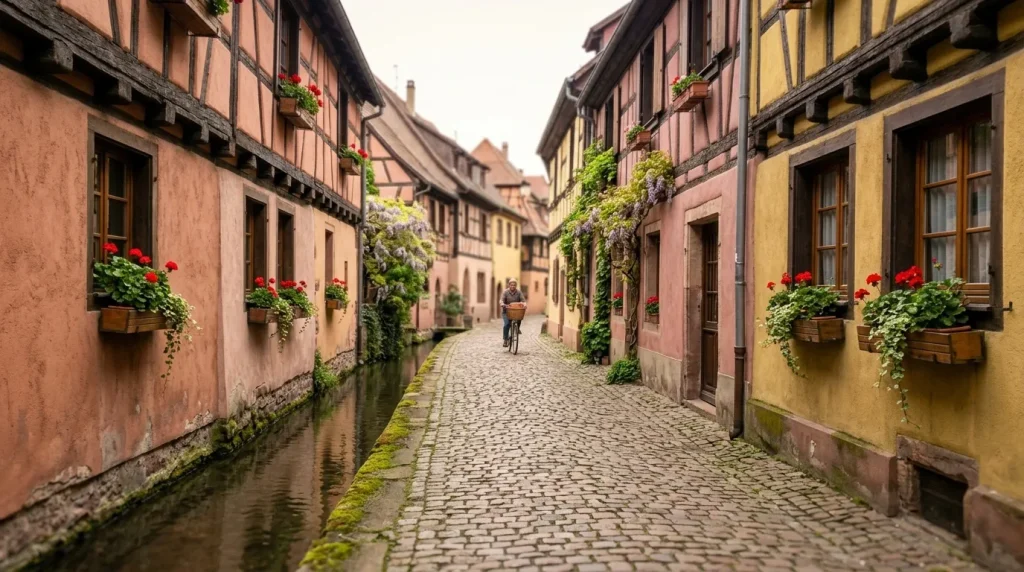 Rue pavée pittoresque avec maisons colorées à colombages et fleurs