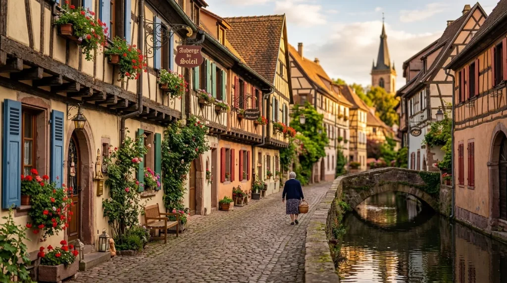 Rue pavée alsacienne avec maisons à colombages fleuries et canal