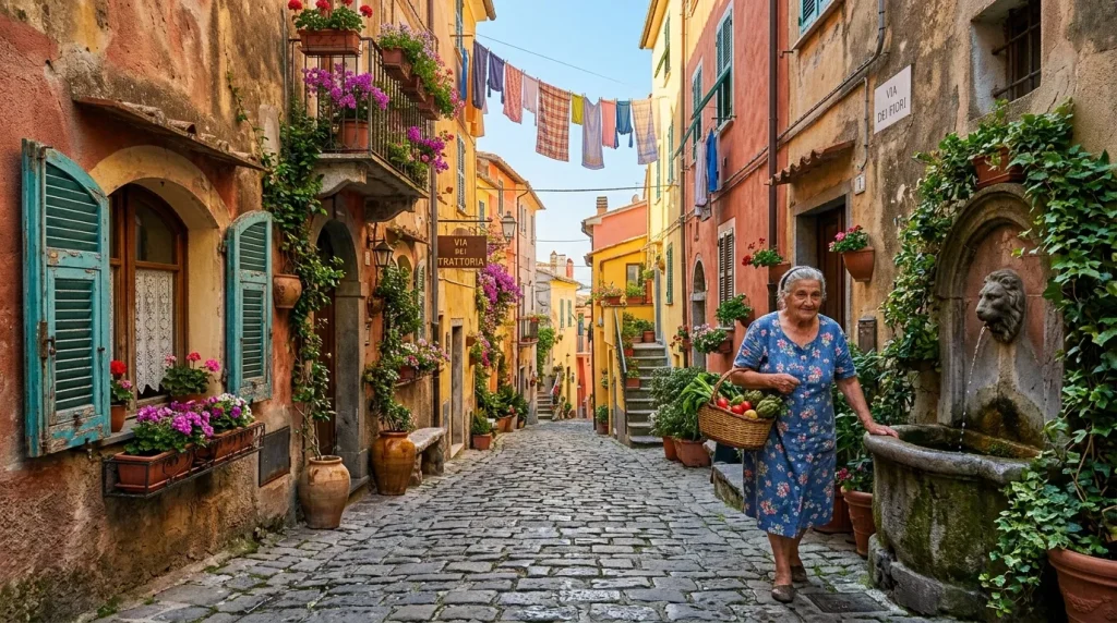 Femme dans ruelle colorée méditerranéenne avec fleurs et linge séchant
