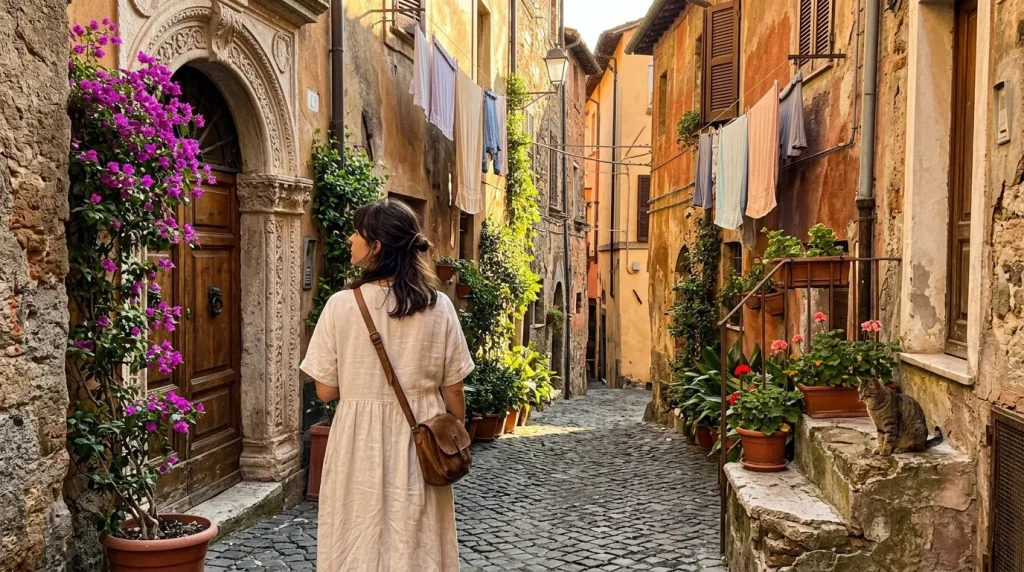 Femme explorant une ruelle médiévale avec fleurs colorées