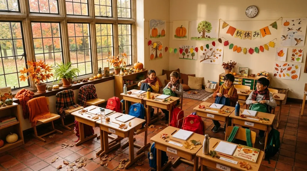 Enfants travaillant dans une classe décorée avec des feuilles d'automne
