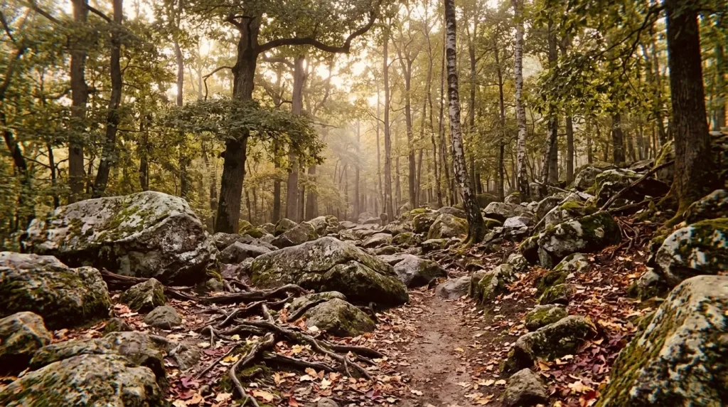 Chemin en forêt avec rochers moussus et arbres hauts