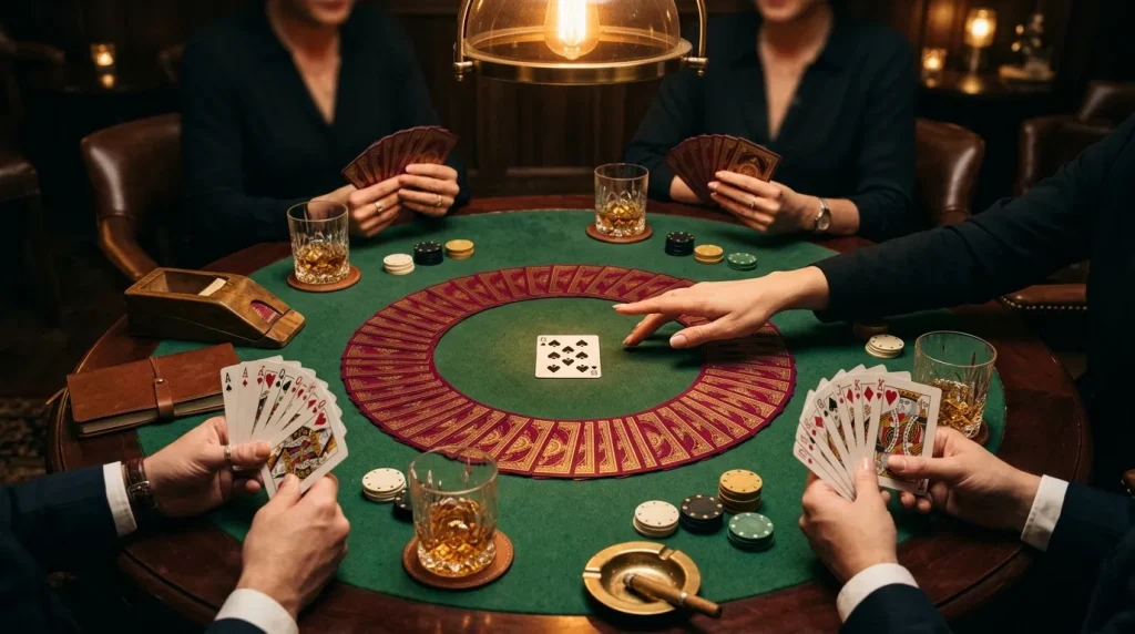 Joueurs autour table verte, cartes, jetons, verres whisky