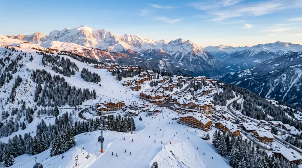 Vue aérienne d'une station ski montagne enneigée avec pistes