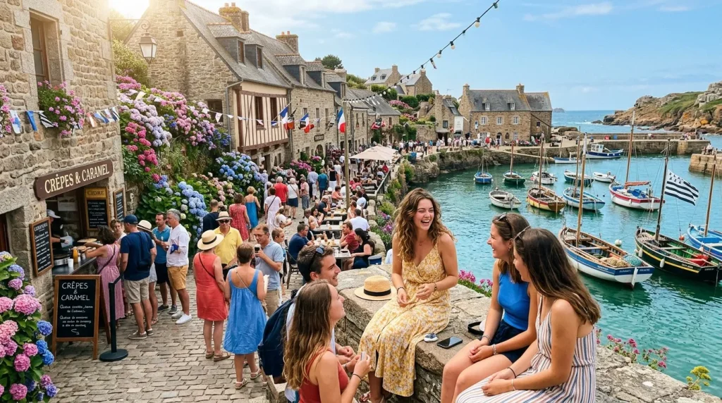 Village côtier avec touristes, fleurs et bateaux colorés