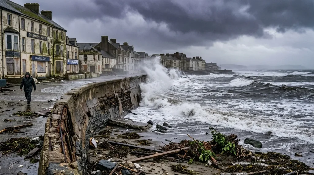 Village côtier britannique battu par les vagues lors d'une tempête