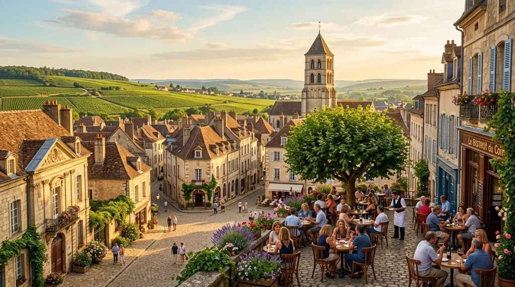Village médiéval français avec terrasse, vignes et clocher