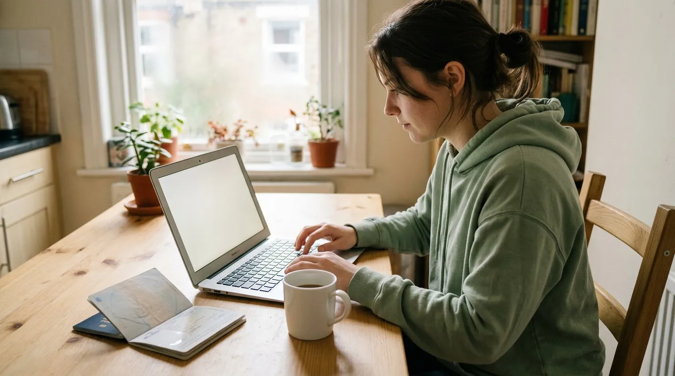 Femme travaillant sur laptop à son bureau près d'une fenêtre