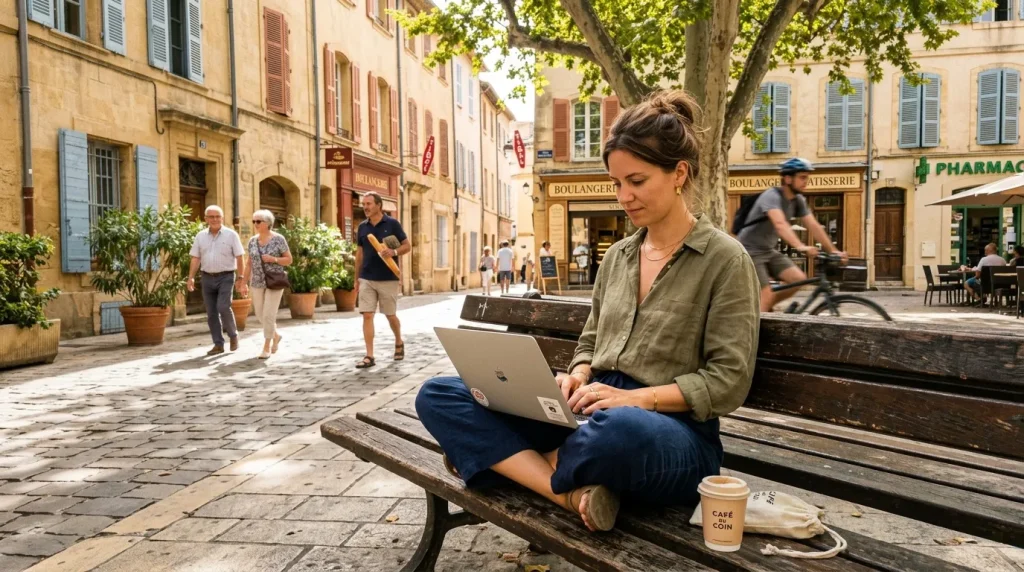 Femme travaillant sur laptop sur un banc en place méditerranéenne