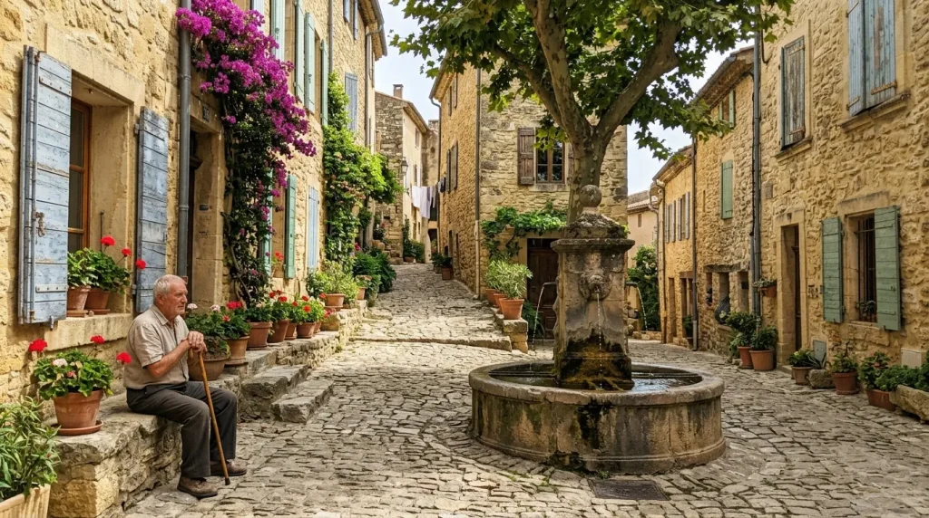 Homme assis dans une ruelle pavée de village italien médiéval