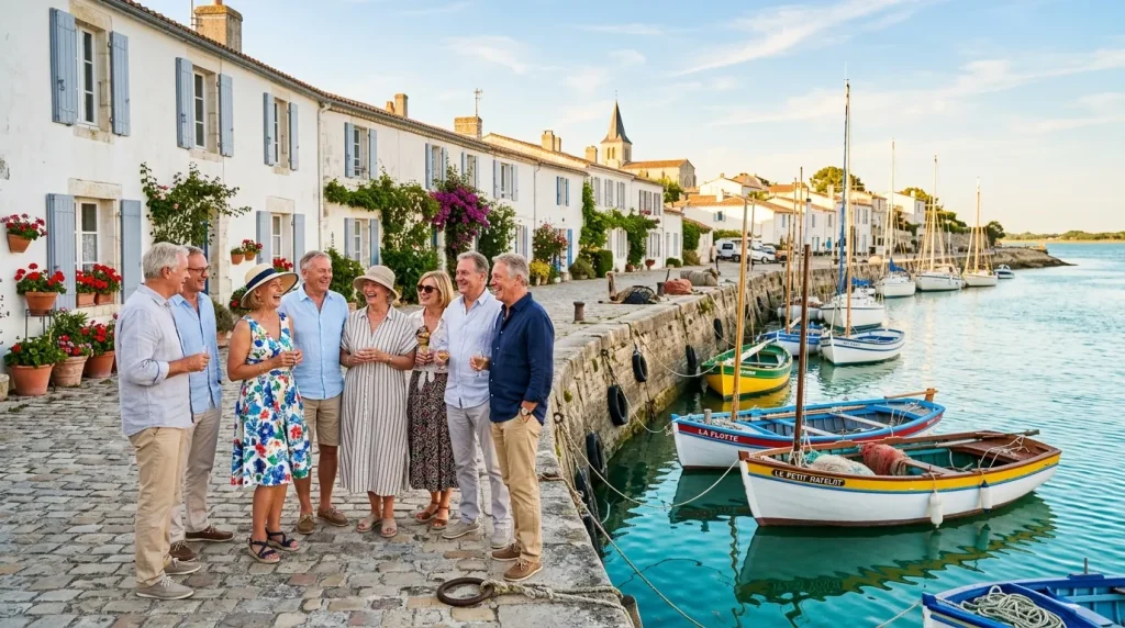 Groupe de touristes discutant dans un port de pêche pittoresque