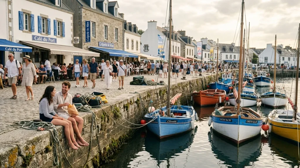 Couple assis sur le quai d'un port breton avec bateaux colorés