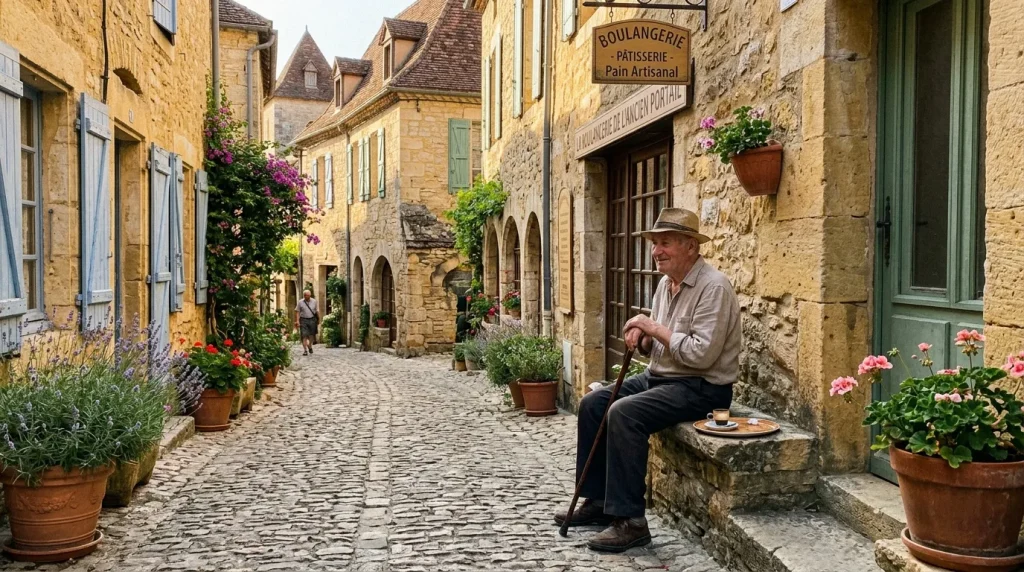 Homme assis dans une rue pavée de village médiéval français