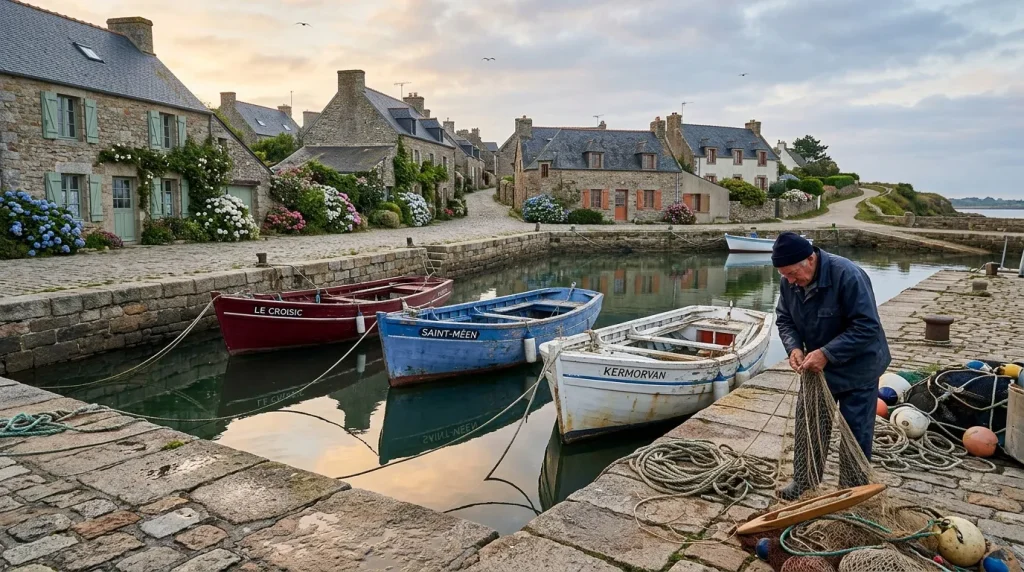 Pêcheur arrange filets près bateaux colorés village pierre