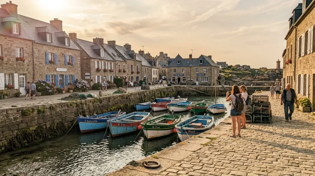 Port pittoresque avec bateaux colorés et maisons en pierre
