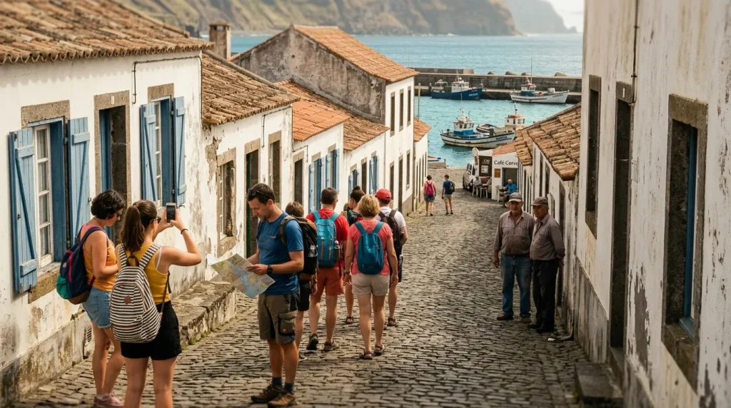 Touristes explorant une rue pavée de village côtier blanc et bleu