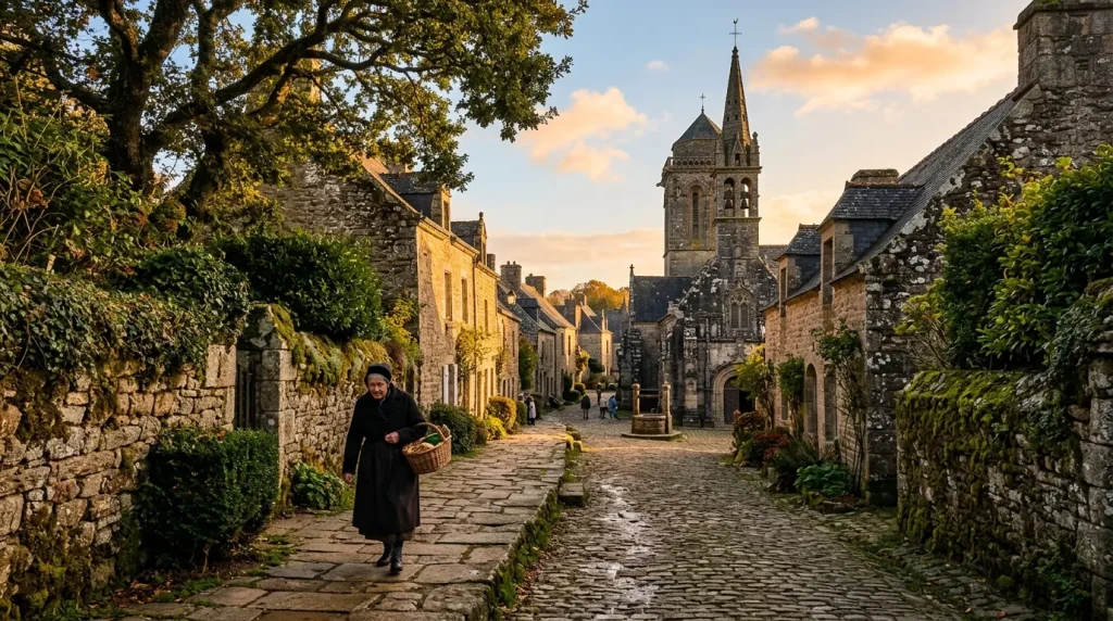 Rue pavée de village ancien avec église et maisons en pierre