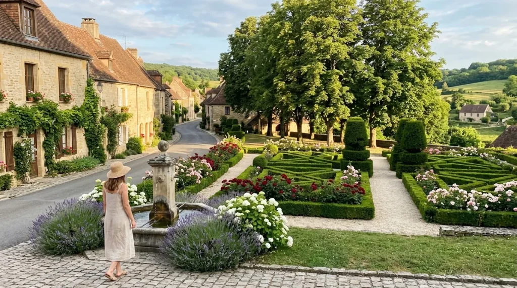 Femme admire fontaine dans village médiéval français avec jardins fleuris