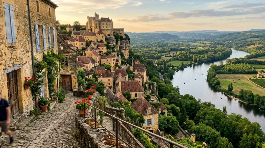 Village pittoresque perché avec château dominant vallée fluviale verdoyante