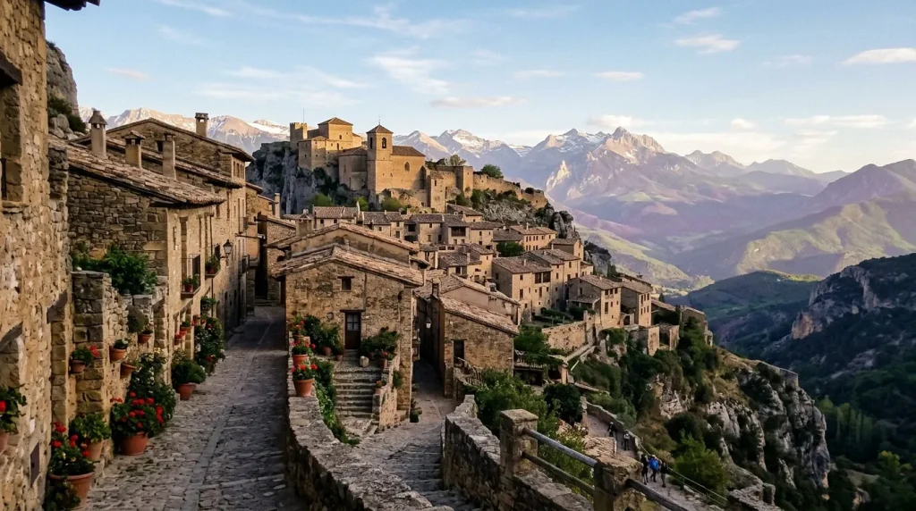 Rue pavée d'un village de pierre avec montagnes enneigées en arrière-plan