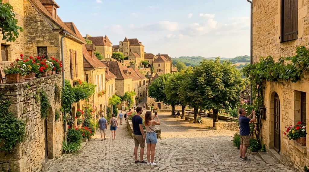 Rue pavée d'un village médiéval avec maisons en pierre et fleurs